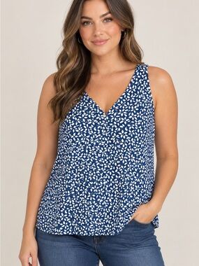 Sleeveless V-Neck Blue & White Print Tank Top - Brand